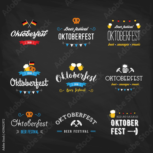 Oktoberfest beer festival lettering typography set celebration retro typographic design templates labels, badges and logos. Colorful poster. Composition with pretzels, beer, sausage and flag.