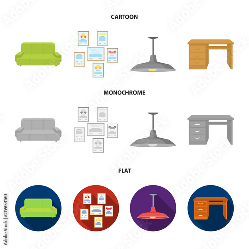 Comfortable sofa, letters and diplomas within the framework, an office ceiling lamp, a desk with drawers. Office Furniture set collection icons in cartoon,flat,monochrome style vector symbol stock