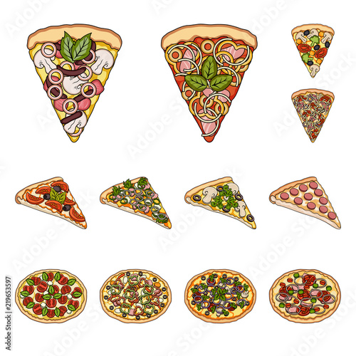 Different pizza cartoon icons in set collection for design.Pizza food vector symbol stock web illustration.