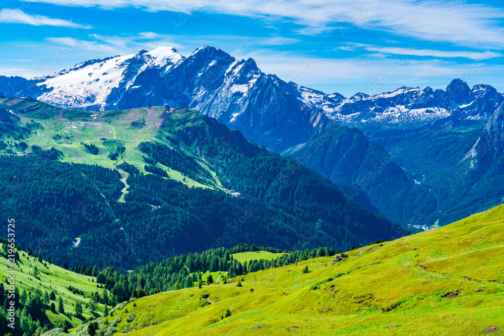 Obraz premium View of the snow covered Dolomites Mountain in summer