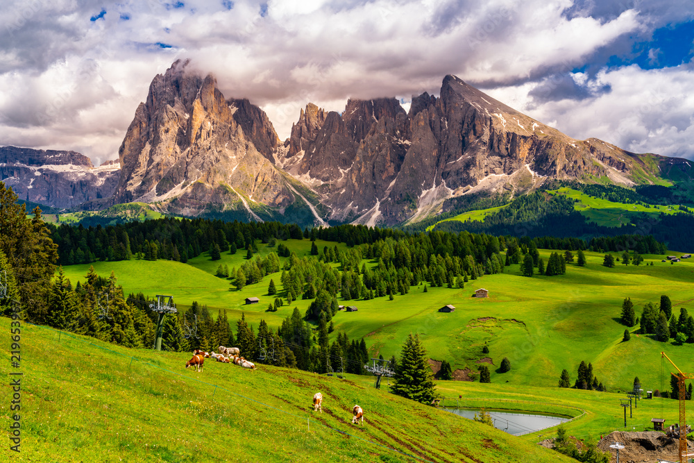 View of the beautiful Langkofel group of the Dolomites