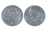Currency of Indonesia, five hundred rupiah coin on white, background. 