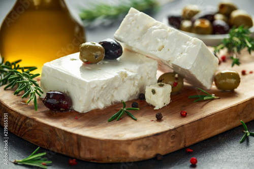 Greek cheese feta with thyme, rosemary and olives