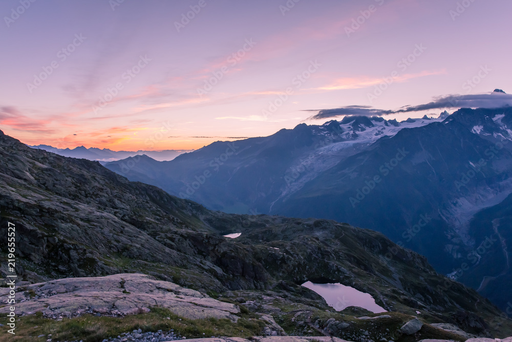 Dawn over Mont-Blanc Glaciers and Lakes de Chéserys with Crimson Clear Sky