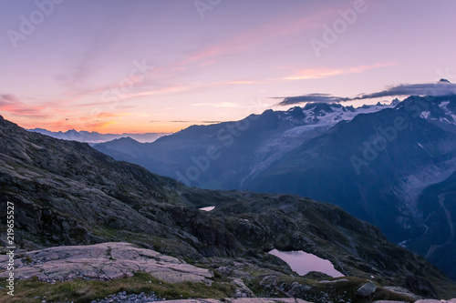 Dawn over Mont-Blanc Glaciers and Lakes de Ch  serys with Crimson Clear Sky