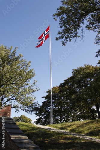 Drapeau norvégien au vent à Oslo, Norvège