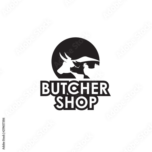 monochrome label of farm animals cow, pig and chicken for butcher shop