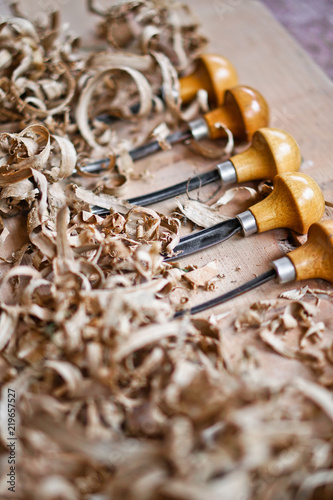 Wallpaper Mural Woodworking and crafts tools. Carpentry hand tools. Planers, chisels, measuring tools.  lot of sawdust. Wooden background. Torontodigital.ca