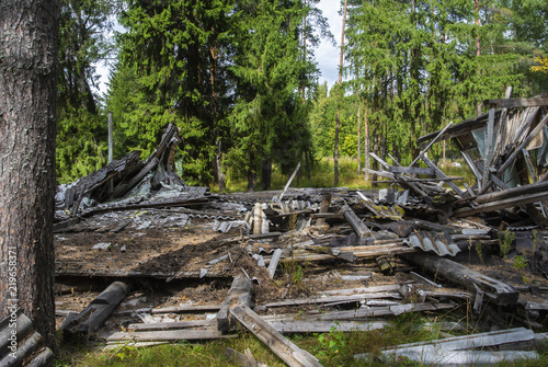 Ruins of a building after a fire in the forest / Burned house concept photo