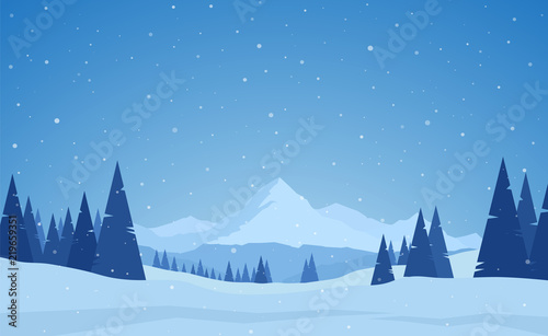 Vector illustration: Winter snowy calm Mountains landscape with pines, hills and snowflakes