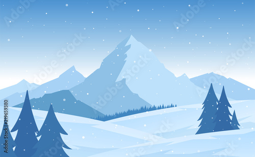 Vector illustration: Winter snowy flat Mountains landscape with pines, hills and snowflakes