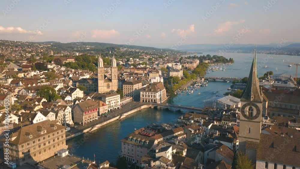 Cityscape of Zurich, the biggest city in Switzerland. Aerial view