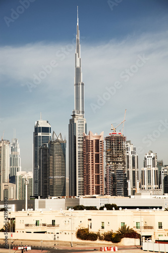 Dubai, UAE - FEBRUARY 2018: Dubai Downtown skyscrapers as viewed from the Dubai water canal.