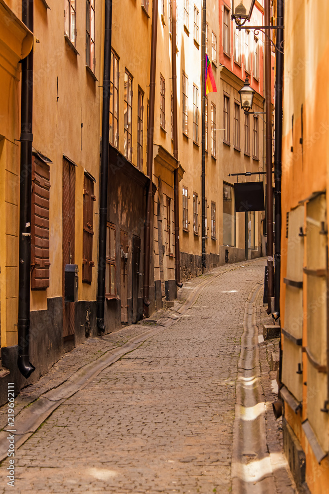 Stockholm, perspective of old narrow cobblestone street. Sweden. 