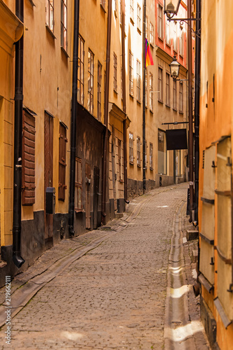 Stockholm  perspective of old narrow cobblestone street. Sweden. 