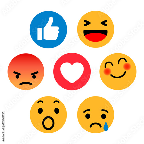 Set of Emoticons. Emoji social network reactions icon. Yellow smilies, set smiley emotion, by smilies, cartoon emoticons - stock vector