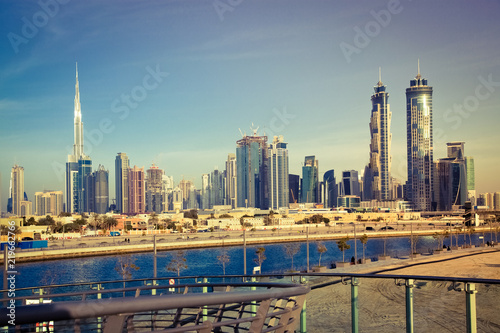 Dubai  UAE - FEBRUARY 2018  Dubai Downtown skyscrapers as viewed from the Dubai water canal.