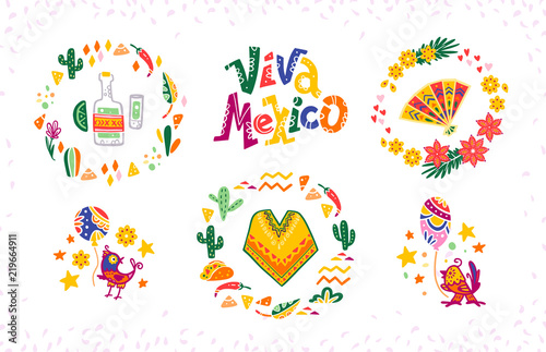 Vector set of hand drawn decorative arrangements with traditional Mexican symbols and elements - Mexico lettering, decor, tequila, poncho, cactus, fan, tacos, birds etc. isolated on white background.