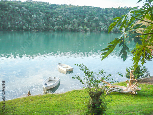 Two little boats at Gonubie river's edge with drift wood on green grass verge photo