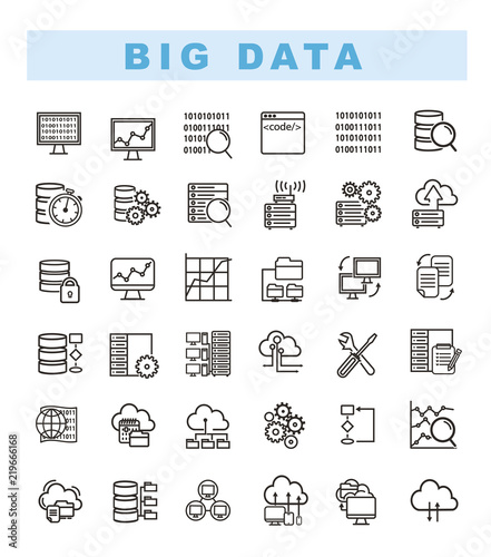 Big data icons set and web analytics icons set. Data analytics and network concept icons. Database and server line. Thin lines icons set of big data center. Vector illustration Eps10 file