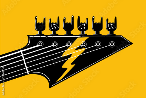 Rock and Roll. Indie festival and party template. Hardrock music poster with guitar and human hand. Vector illustration for heavy metal fans.