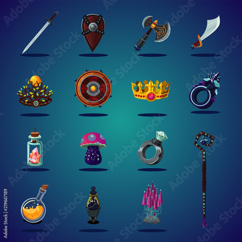 Legendary asset. Set of magic items and resource for computer fantasy game. Isolated cartoon icons set.