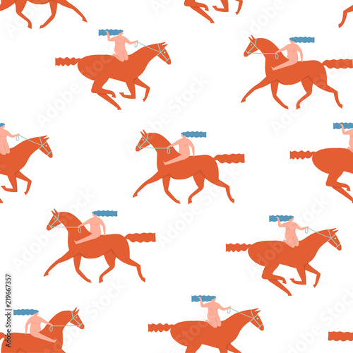 Girl riding red horses seamless pattern in vector.