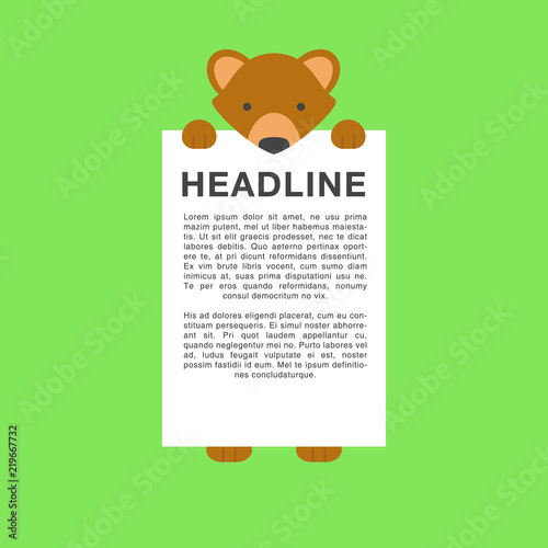 cute bear cartoon carry blank placard white text template in flat style