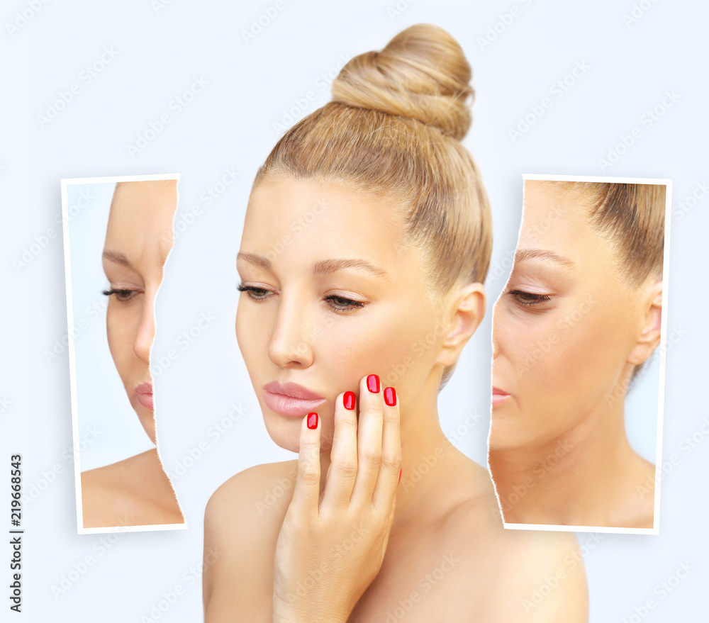 Aging. Mature woman-young woman.Face with skin problem.Showing photos before and after