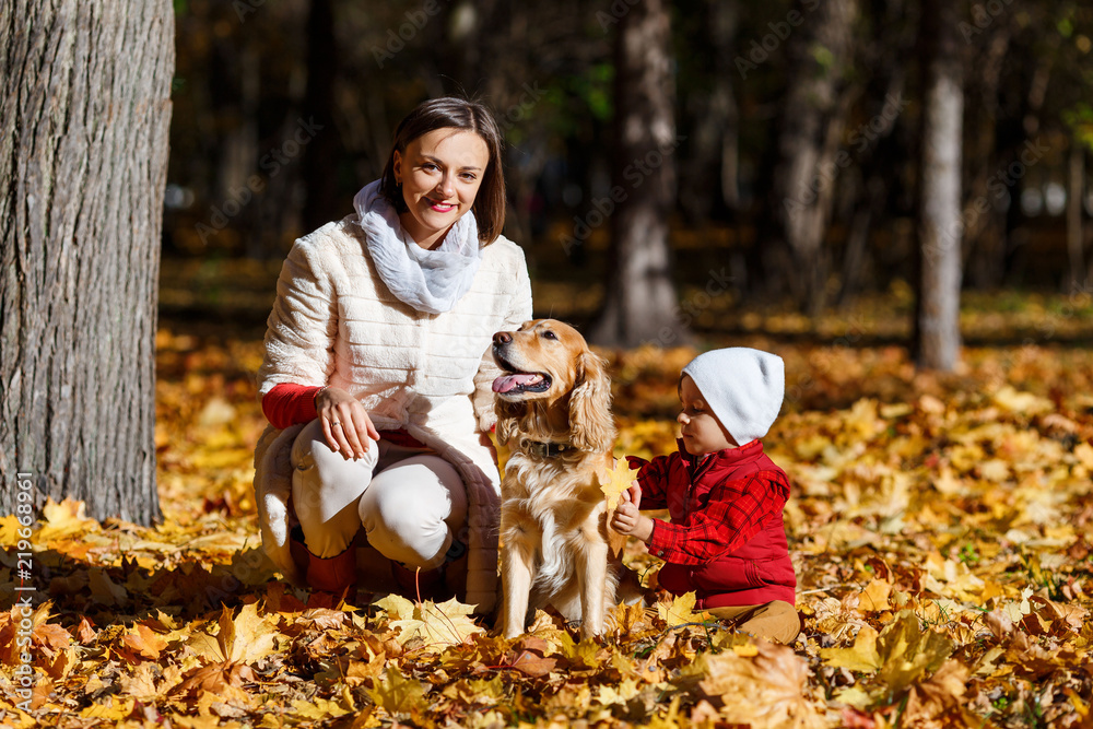 Fototapeta premium Cute, happy, white boy in red shirt smiling and playing with dog among yellow leaves. Little child having fun with his mom in autumn park. Concept of friendship between kids and pets, happy family