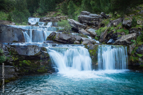 Waterfalls in Ordesa and monte perdido national park in Pyrinees range in Spain, Huesca, gradas Soaso