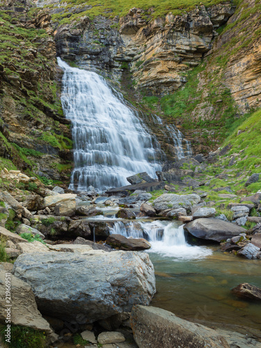 Waterfalls in Ordesa and monte perdido national park in Pyrinees range in Spain, Huesca, Cola de Caballo