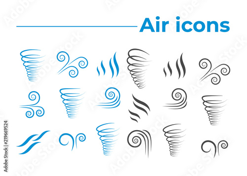 Wind icons nature, wave flowing, cool weather, climate and motion
