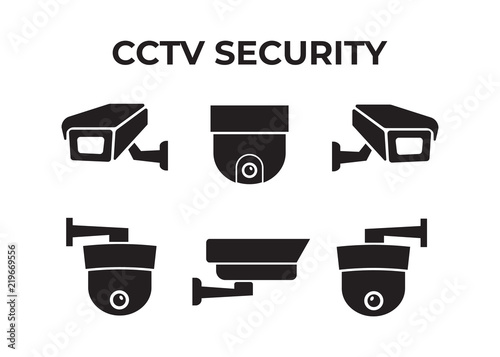 Camera cctv security icon. Video surveillance security cameras vector icons set. Black camera cctv