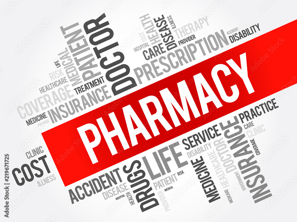 Pharmacy word cloud collage, health concept background