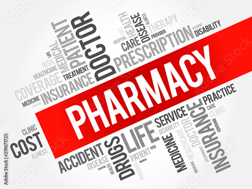Pharmacy word cloud collage, health concept background