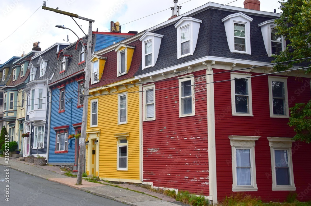 view of the facades of colourful row houses, Newfoundland Canada