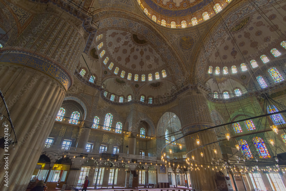 Interior of  Sultanahmet mosque (Blue mosque) in Istanbul, Turkey.