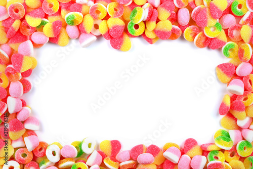 Assorted gummy candies. Top view.