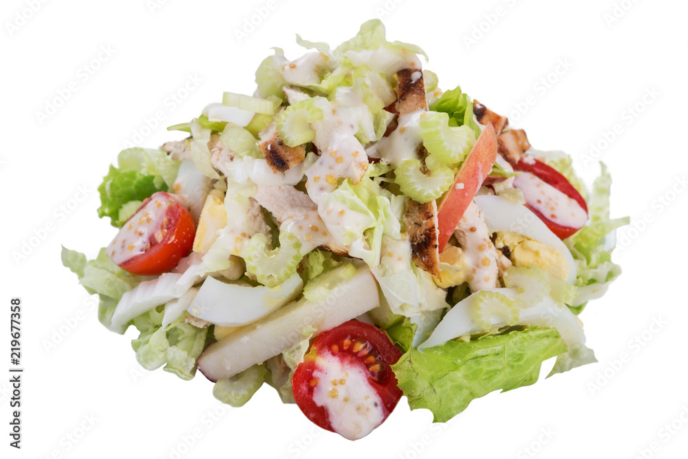 salad of raw vegetables and chicken, cabbage and tomatoes, egg and apple, healthy food salad of raw vegetables and chicken, cabbage and tomatoes, egg and apple, healthy food