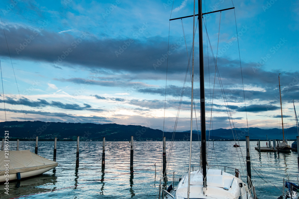 Sunset on Lake Bodensee with Clouds and Boats