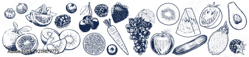 Fruits and vegetables set on white background, Vector Illustration, Sketch outline © THANIT