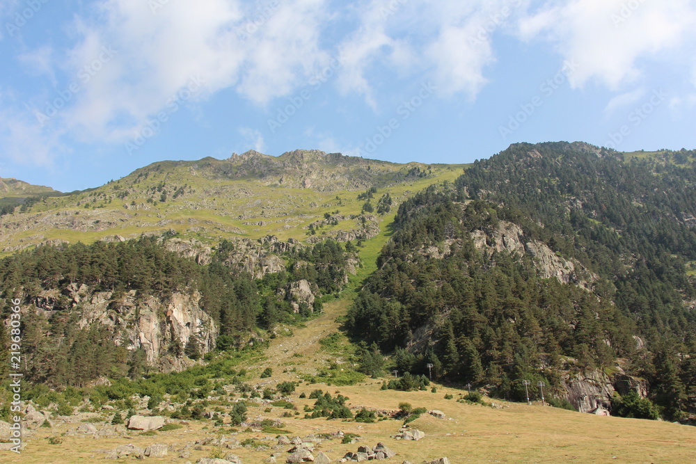 Paysage de montagne forêt et roche Pyrénées ciel bleu et buageux