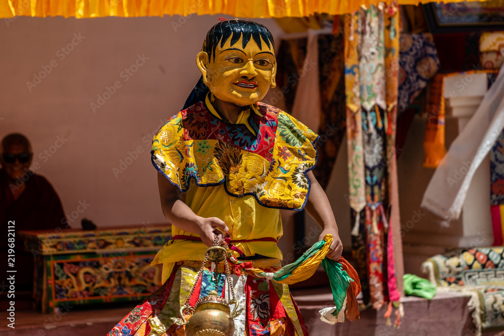 Monk perform Mask Festival of Sakti Tibetan Buddhist Temple of Leh Ladakh, Jammu and Kashmir, India in Summer