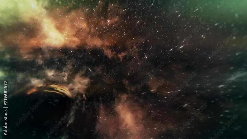 Wormhole backwards through time and space, clouds, and millions of stars.