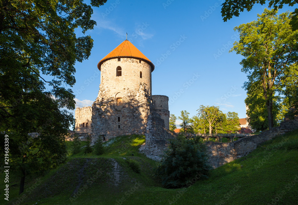 Ruins of Cesis castle at sunset, Latvia. Summer season.
