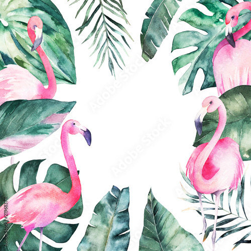 Watercolor frame with tropical jungle leaves and pink flamingo. Hand drawn al...