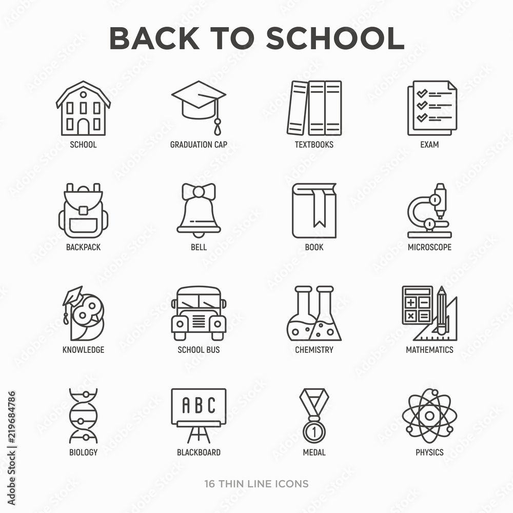 Back to school thin line icons set: backpack, bell, book, microscope, knowledge, owl, graduation cap, bus, chemistry, mathematics, biology, blackboard, physics, exam. Modern vector illustration. Back to school thin line icons set: backpack, bell, book, microscope, knowledge, owl, graduation cap, bus, chemistry, mathematics, biology, blackboard, physics, exam. Modern vector illustration.