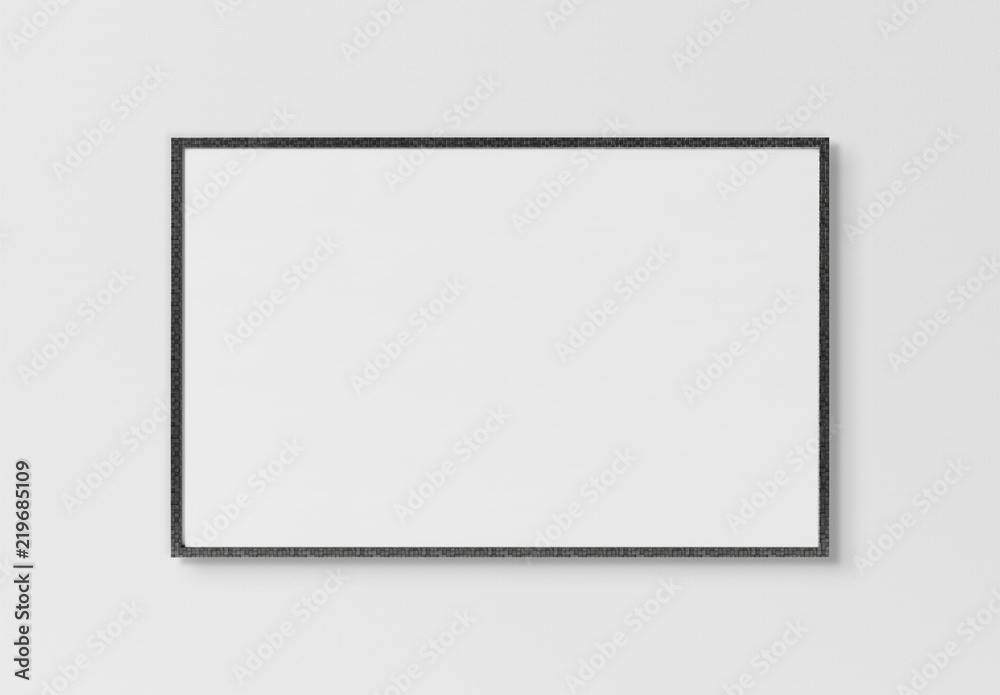 Black rectangular horizontal frame hanging on a white wall mockup 3D rendering - obrazy, fototapety, plakaty 