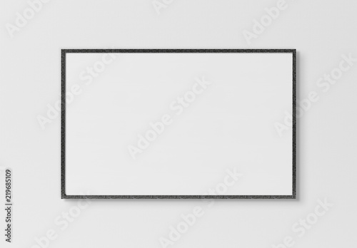 Black rectangular horizontal frame hanging on a white wall mockup 3D rendering photo